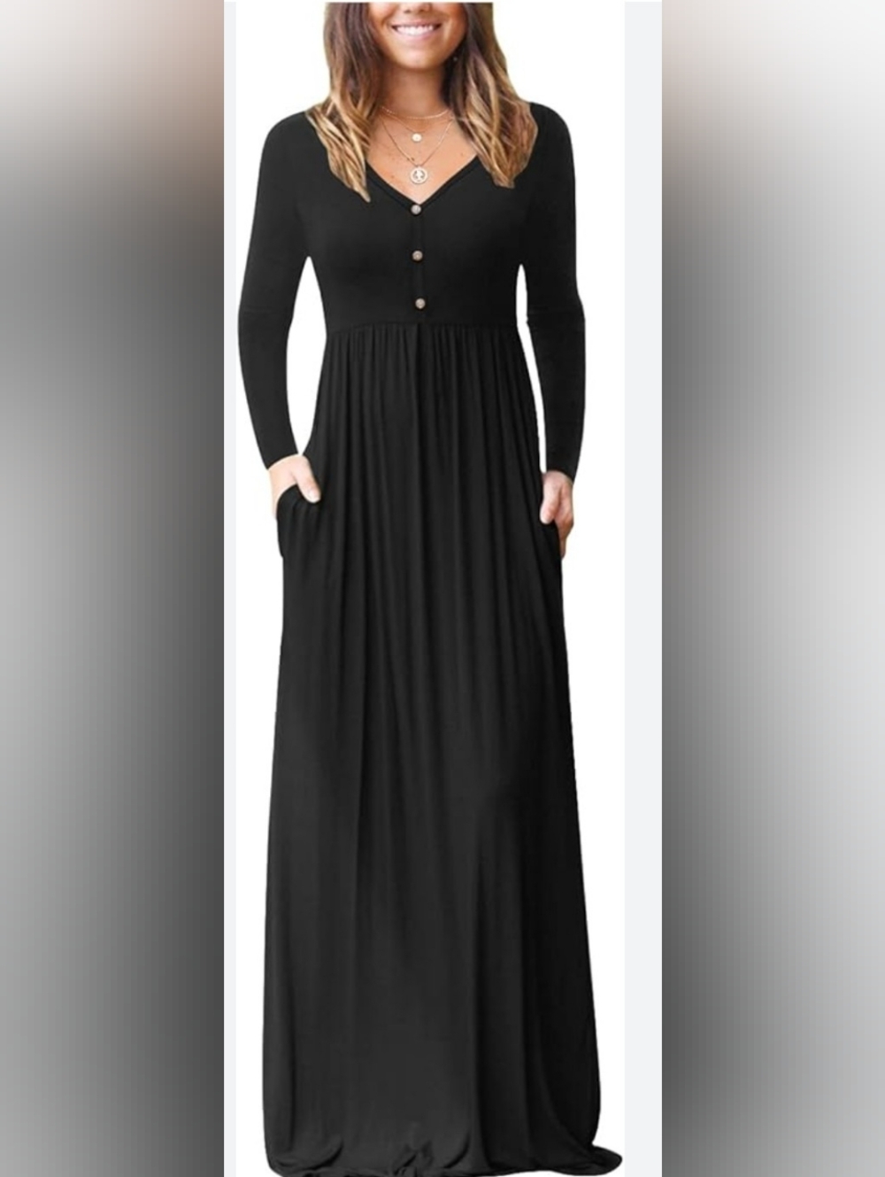 Elegant Black V-Neck Maxi Dress with Button Front